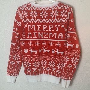 Ugly holiday sweater “merry gainzmas” red and white